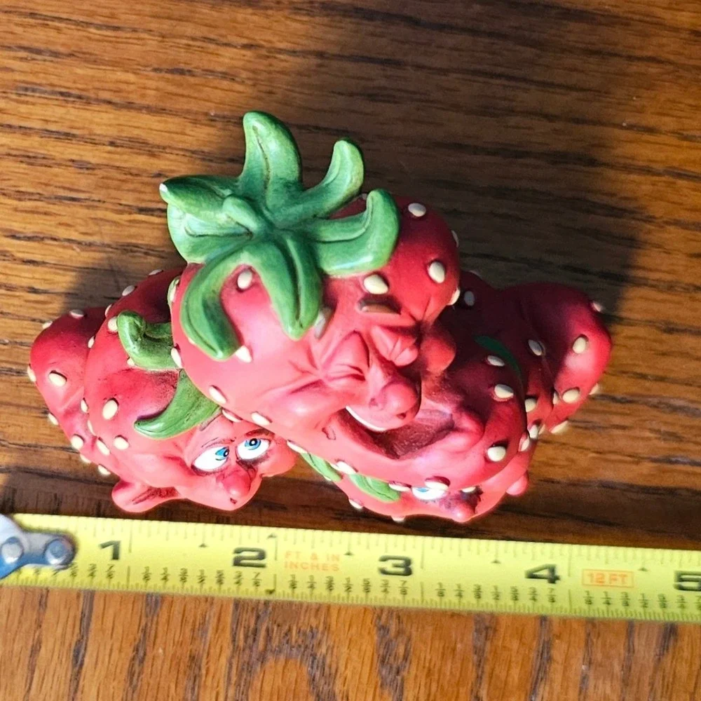 Vintage Anthropomorphic Strawberry Trio Figurine Funny Face Fruit Decor Red